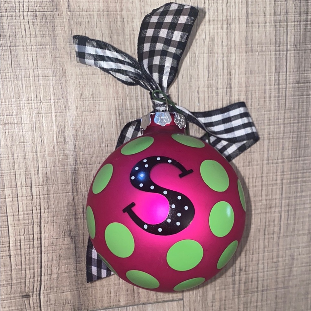 Pink and Green Polka Dot S Initial Holiday Ornament